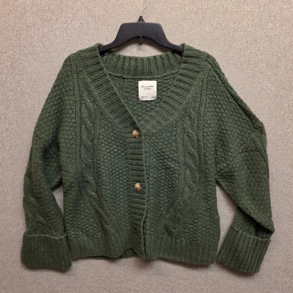 Abercrombie & Fitch Womens L Green Cable Knit Cardigan V-Neck Preppy Y2K